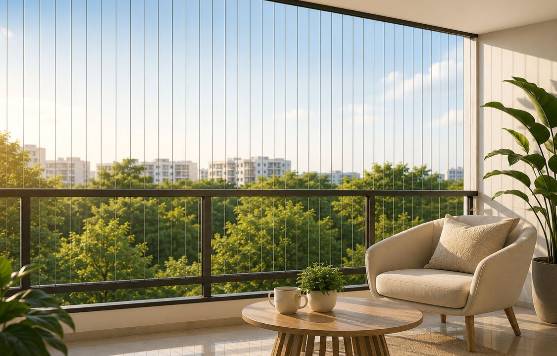 Modern home balcony protected with an invisible safety grill